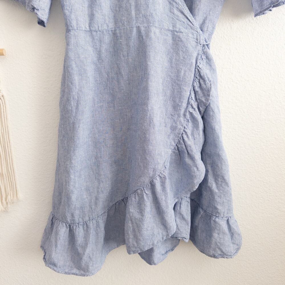 GAP Large Linen and Cotton Blue and White Stripe Ruffle Wrap Dress - Picture 4 of 7